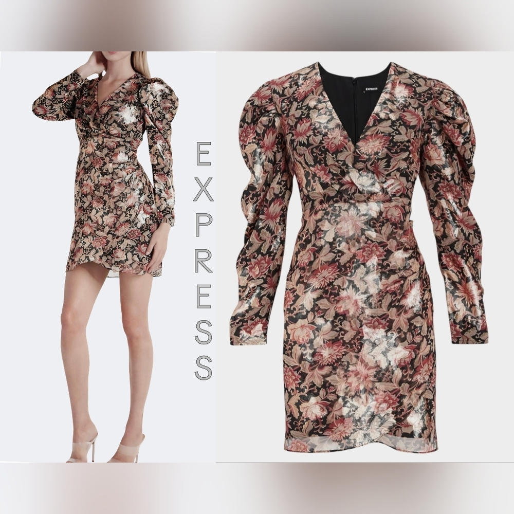Express Floral Metallic Gold Puff Sleeve Shoulder Sheat Wrap Dress NWT Size M